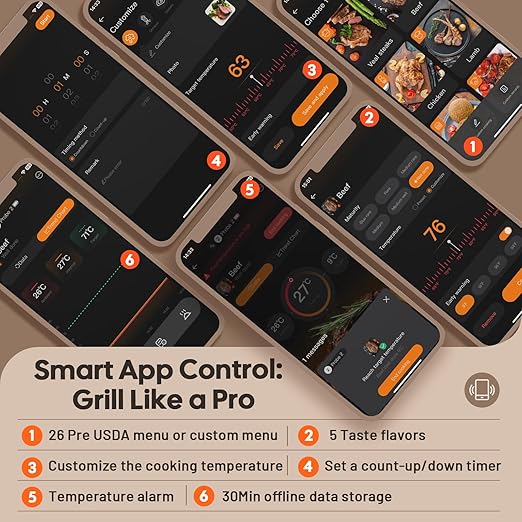 Wireless Meat Thermometer with 4 Probes, Meat Thermometer Digital with Smart App Control, 3-Mode Connectivity WiFi Food Thermometer for Grilling, Smoking, BBQ