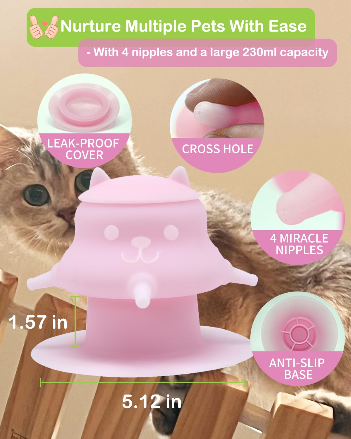 CUTENNIOU 230ML Puppy Bottles for Nursing Puppy Milk - Premium Silicone Nursing Station with 4 Nipples - Dog Feeder for Multiple Newborn Puppies, Rabbits, Kittens Bottle Feeding Kit (Pink)