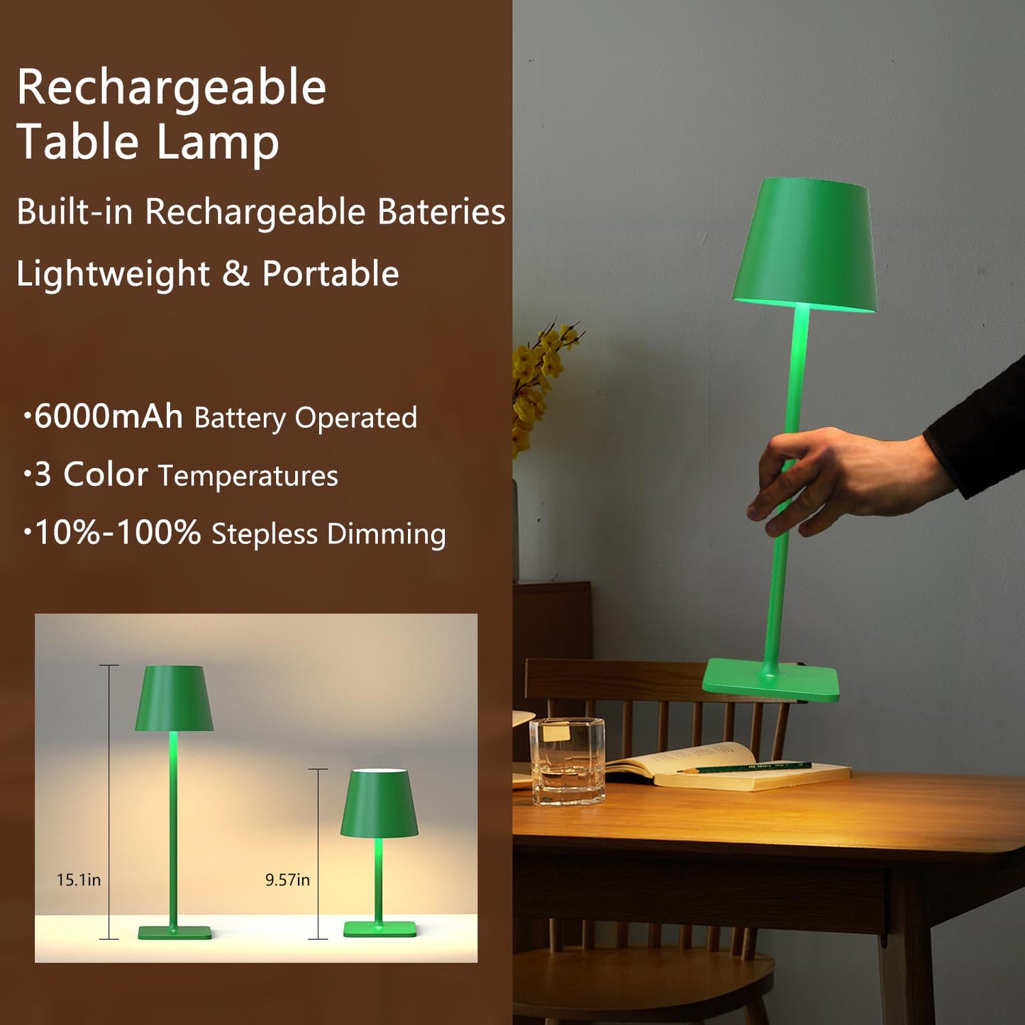 Yogaret Green Cordless Table Lamp Set of 2, Dimmable, Metal, Model Yogaret-Dinner Lamp