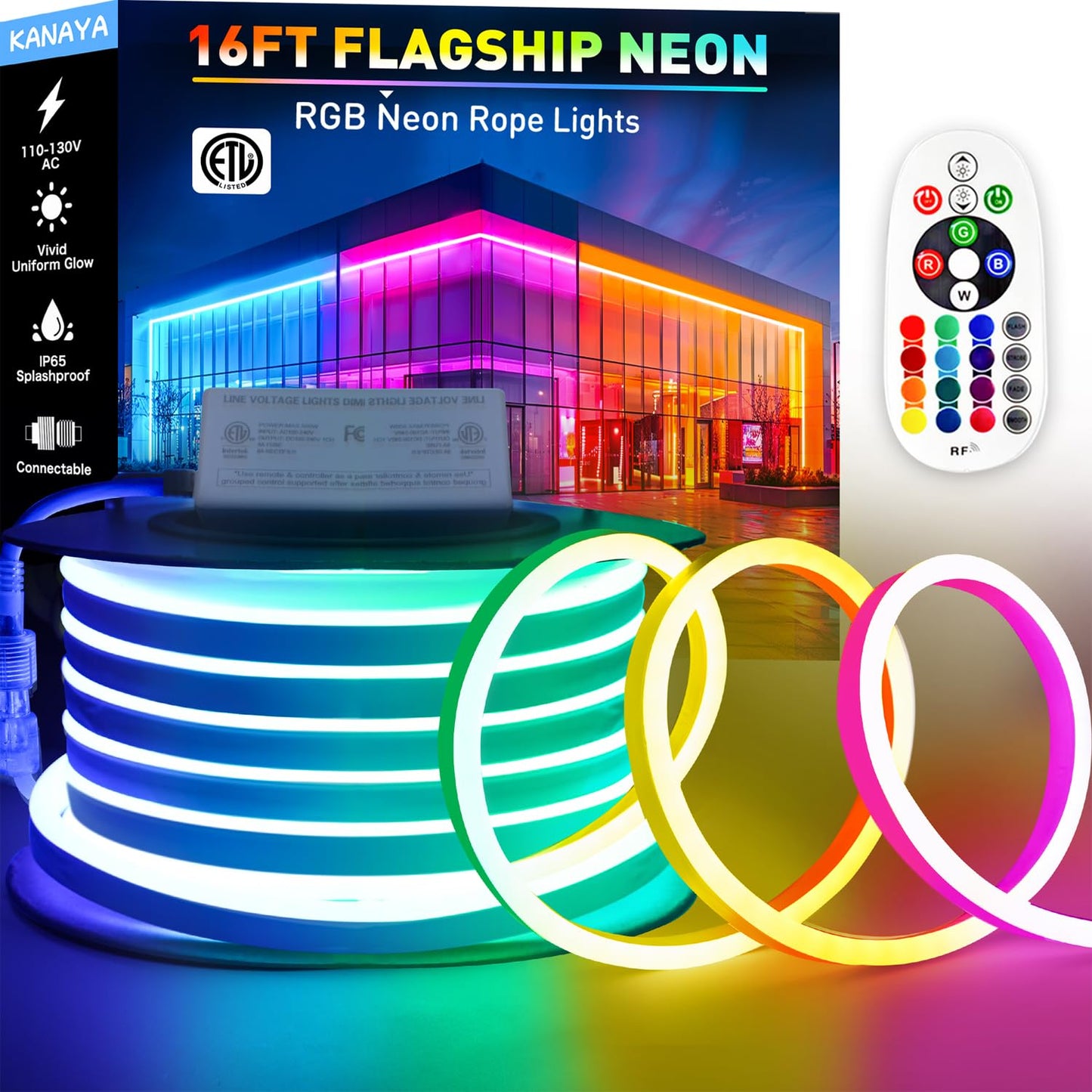 KANAYA RGB Led Neon Rope Lights, 16ft Waterproof Color Changing Strip, Remote Control, PVC Material, Model LMD-CNEON-RGB-16FT