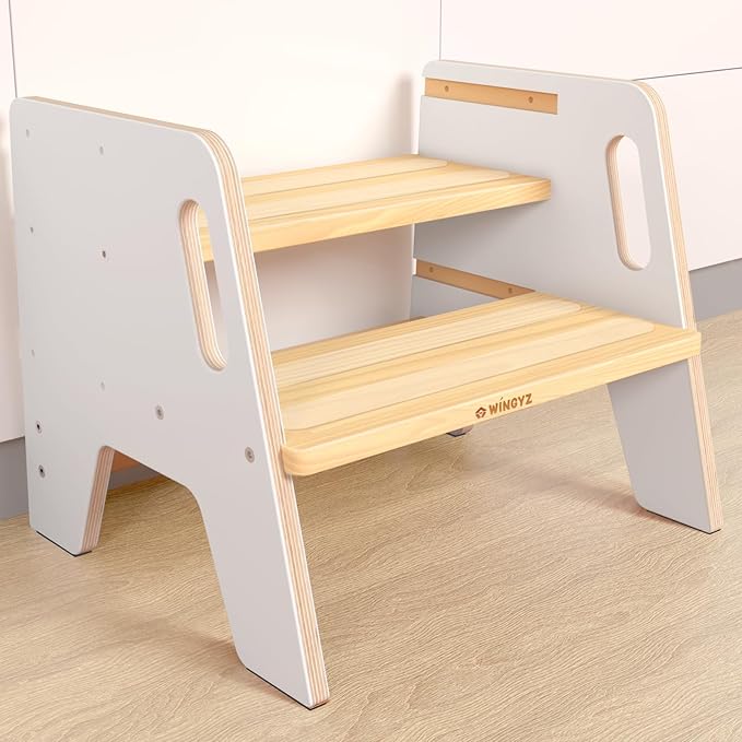 Wingyz Toddler Step Stool with Handles, Wooden Step stools for Kids, Durable 3-Level Height Adjustable Stepstool for Bathroom Sink, Kitchen, Bedroom,Potty Training