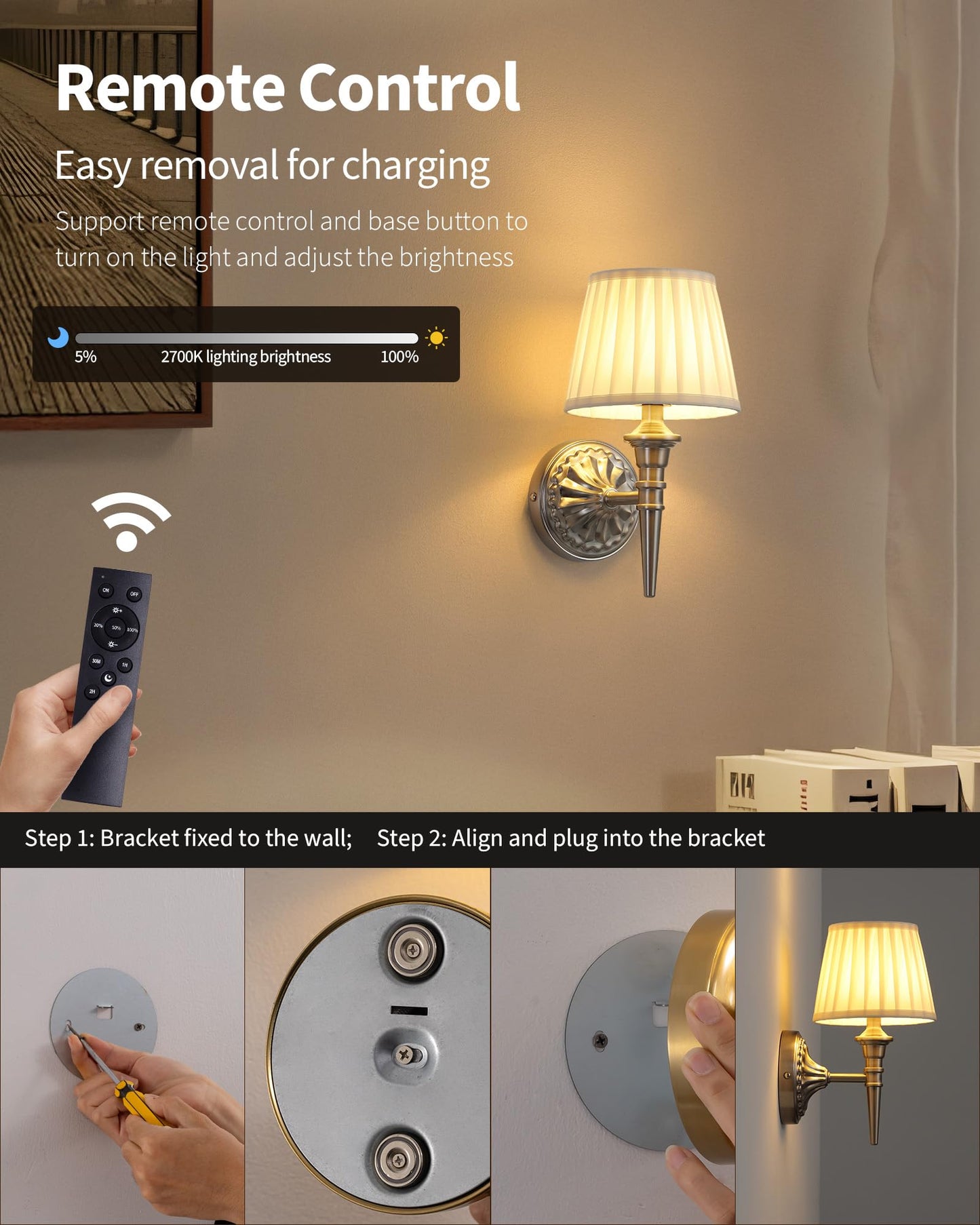 Kdg Cordless Wall Sconces Set Of 2  Small Wireless 5200Mah Rechargeable Battery Fabric Led Wall Lamps  Portables Lightings For Wall discomfort-reducingting  Living Room  Bedroom  Hallway  Gifts  Night Light (Nickel)