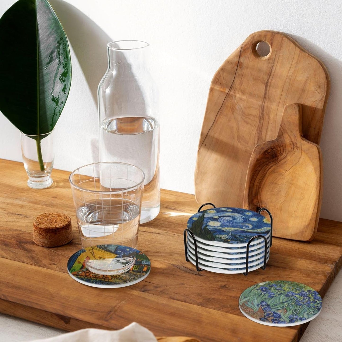 Van Gogh Art Absorbent Drink Coasters with Holder, Set of 6 Ceramic Coasters with Cork Base for Table Decor
