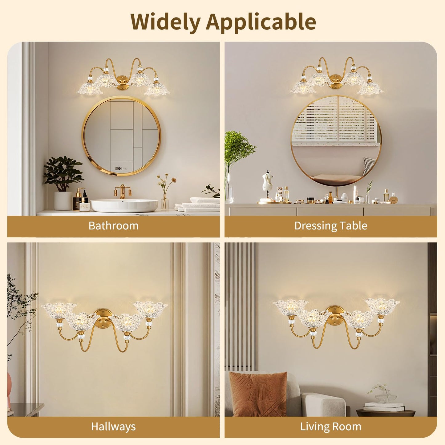Sunkryster Vintage Matte Brass Finish Bathroom Vanity Light  4-Light Vanity Light With Floral Glass Shades  Retro Wall Mount Lighting For Bathroom  Dressing Table