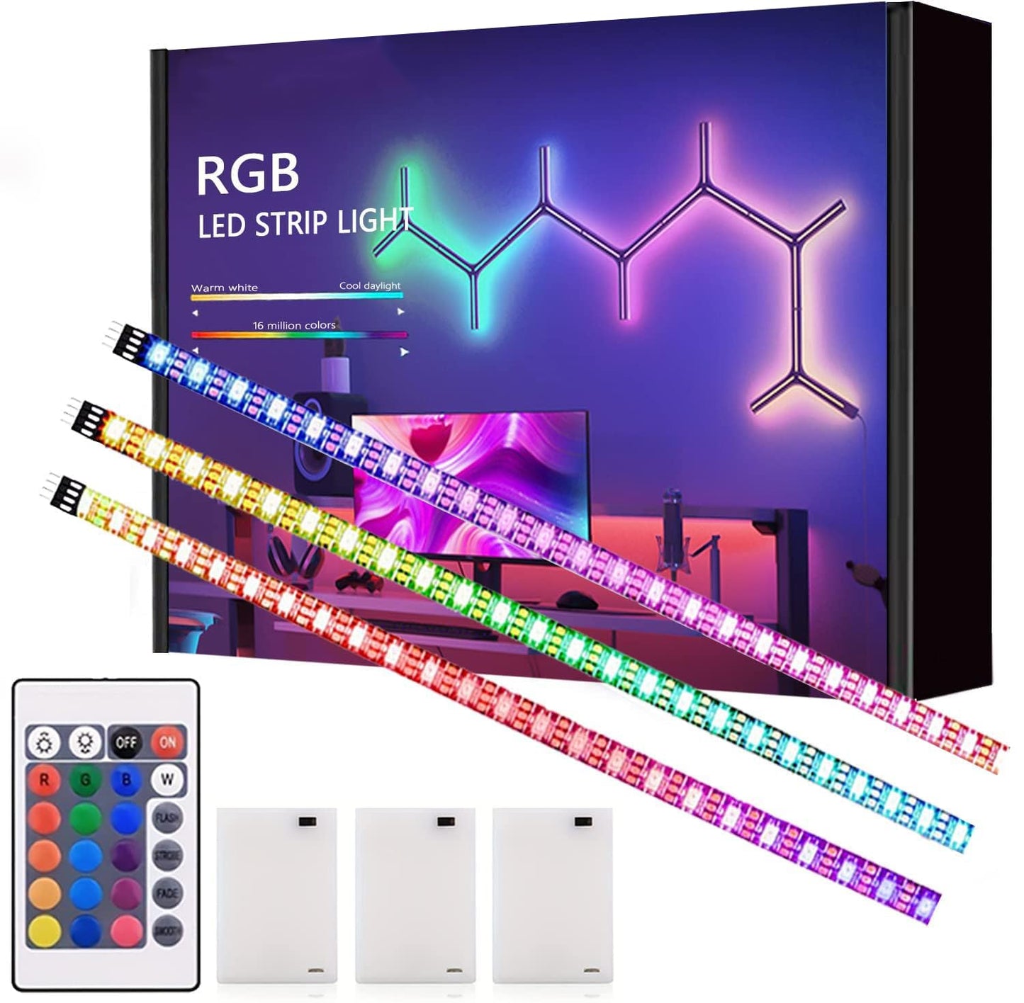 EJs SUPER CAR Battery Powered LED Strip Lights, Wireless RGB, 20 inch, 3 Pack