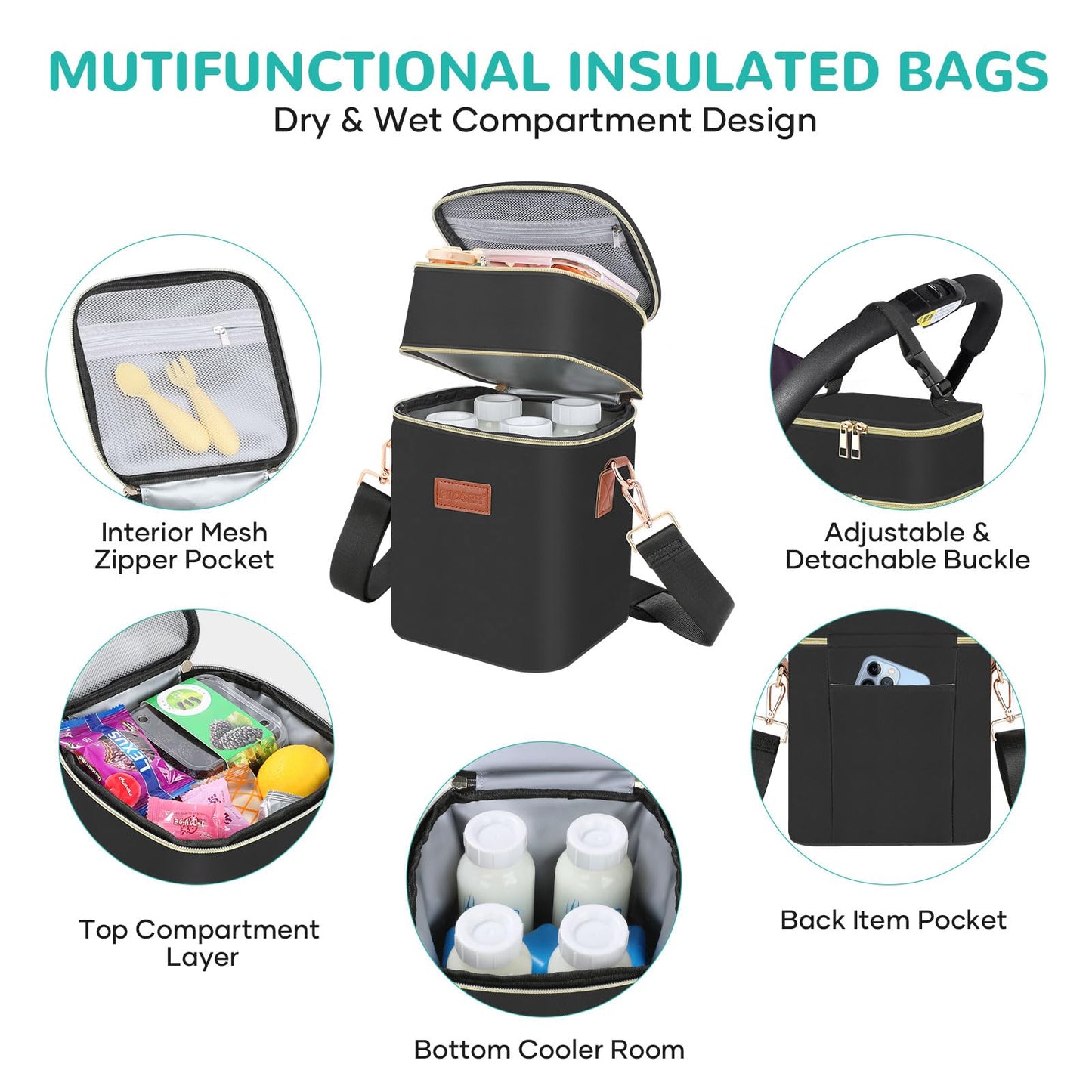 PIIOSER Baby Bottle Tote Bag with Ice Pack, Fits 4 Baby Bottles Up to 9 Ounce, Small Insulated Breastmilk Cooler Travel Bag with Shoulder Strap for Nursing & Working Mom Daycare (Black-S)