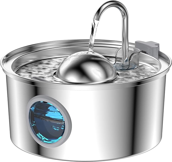 AONBOY Cat Water Fountain Stainless Steel, 108oz/3.2L Cat Fountain, Pet Water Fountain with Water Level Window, Hemispheri...