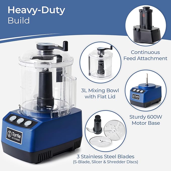 TK Tartle Commercial Food Processor - Heavy-Duty 600W Electric Chopper, Slicer & Shredder w/Flat lid, Continuous Feed, 3L Mixer Bowl & Stainless Steel Blades
