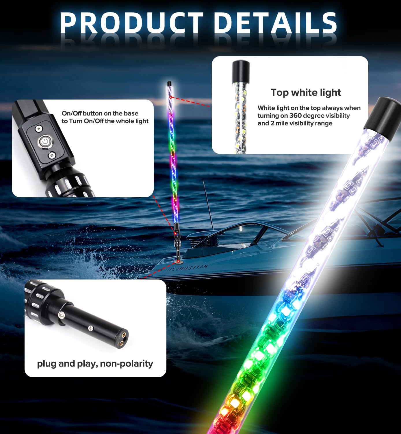 Tavaray 3Ft Boat Navigation Lights  Nav Lights For Boats With 600+ Dynamic Rgb Patterns  Remote Control  2Nm Coast Guard Compliant  360 Visibility  Boat Stern Light With Top White Led