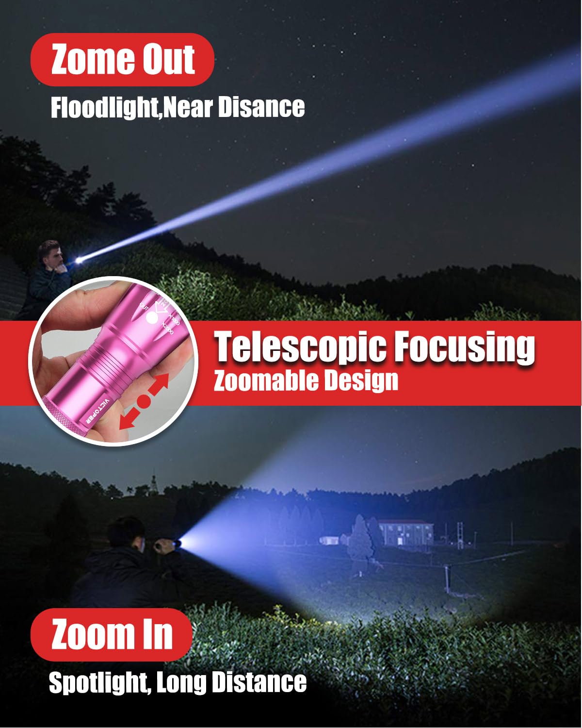 Victoper LED Flashlight 2 Pack, High Lumens, 5 Modes, Waterproof, Pink, Model VT-FLV1000-2P-Pink