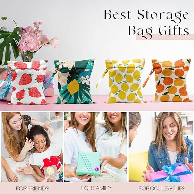 4 Pack Wet Bag for Swimsuit, Beach Travel Essentials Wet Dry Bag, for Sunscreen Toiletry Dirty Clothes Yoga Gym Diaper, Friend Summer Beach Vacation Gifts. Fruit Series