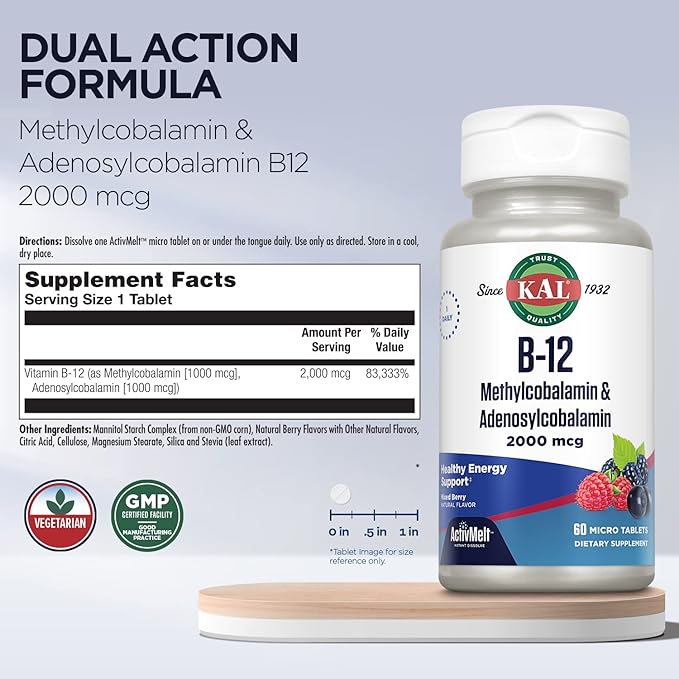 KAL Vitamin B12 Methylcobalamin and Adenosylcobalamin 2000 mcg ActivMelt, B12 Energy Supplements, Metabolism, Nerve, Red Blood Cell Support, High Absorption, Natural Berry, 60 Serv, 60 Micro Tablets