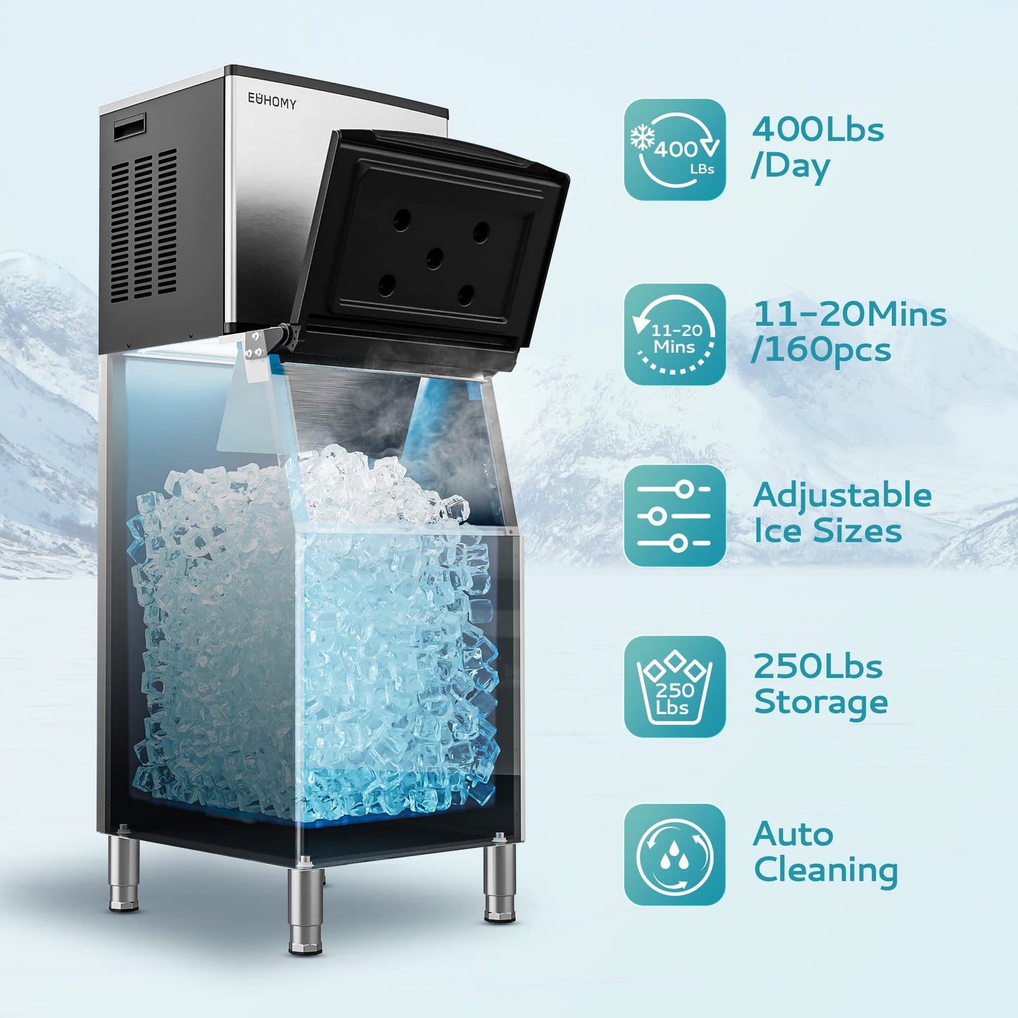 EUHOMY Commercial Ice Maker Machine 400Lbs/24H, Industrial Ice Machine ETL Approval 250 Lbs Storage Bin, Ice Ready in 8-15 mins, Stainless Steel Clear Ice Cube Maker for Bar/Cafe/Restaurant/Business