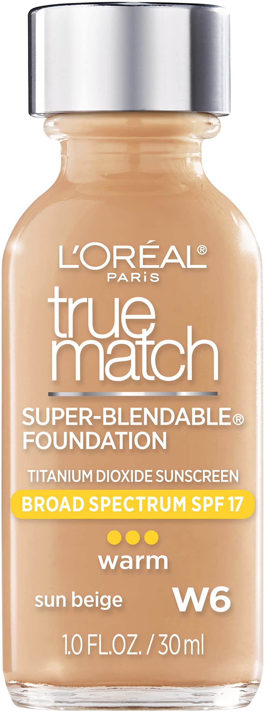 LOr  al Paris Makeup True Match Super-Blendable Liquid Foundation, Sun Beige W6, 1 Fl Oz (1 Count)
