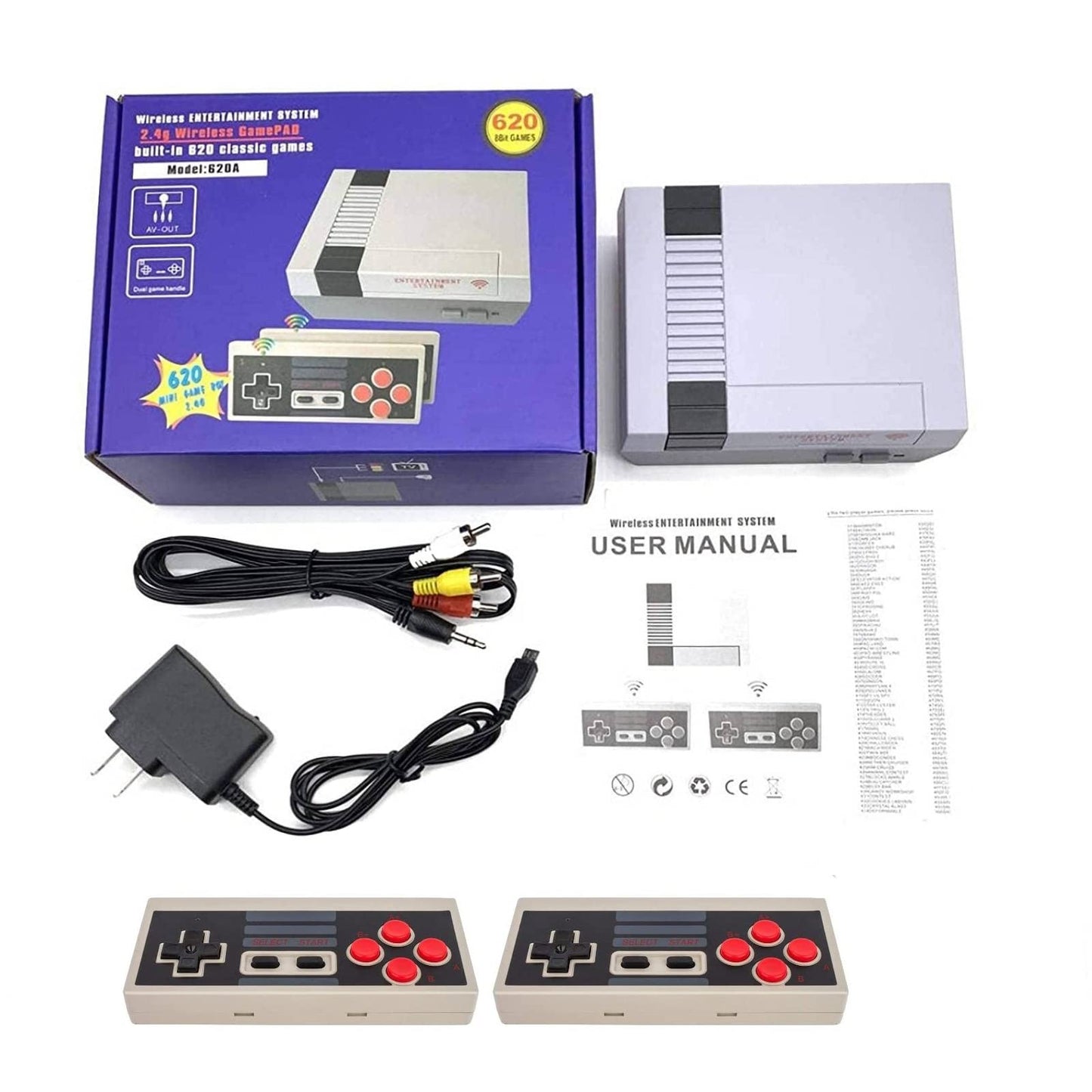 Classic Mini Retro Game Console Built-in 620 Classic Video Games,AV Output and Dual Wireles Game Controllers.AV Output 8-Bit Game System for TV. (Grey-Black)