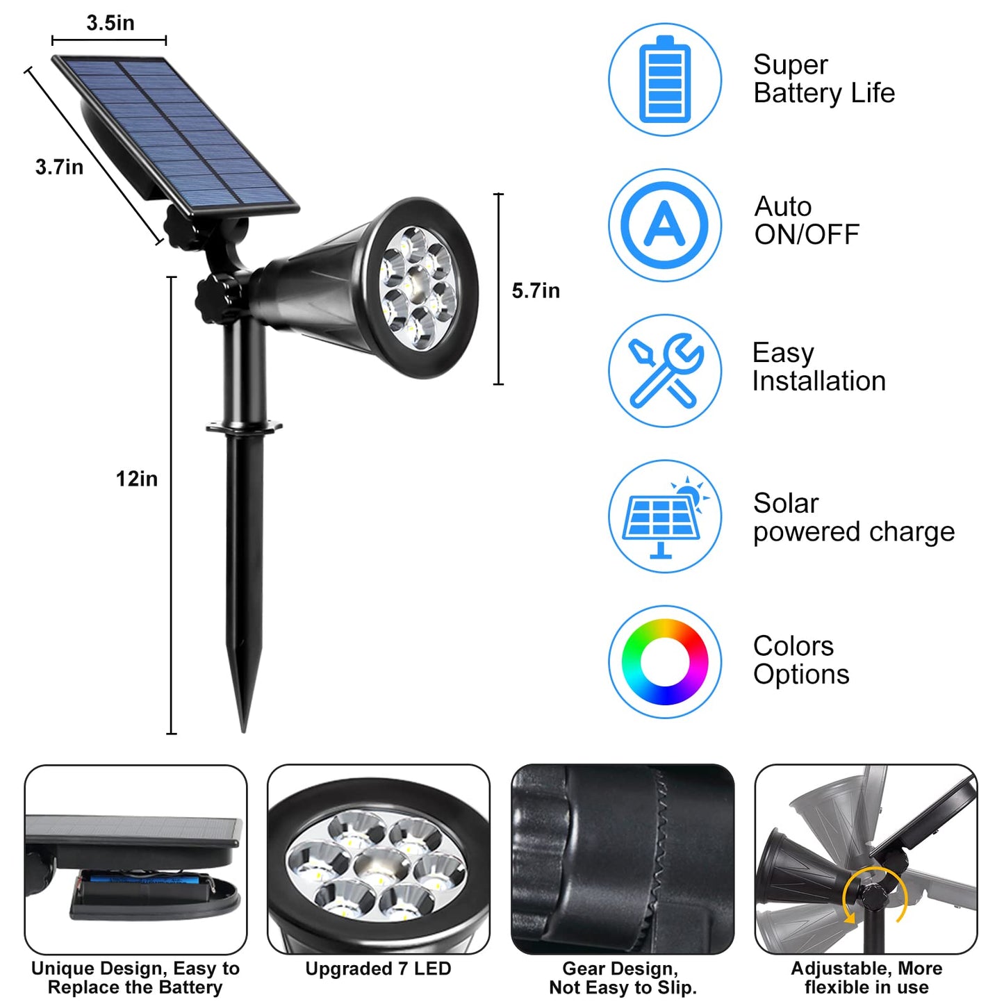 T-SUNUS Solar Landscape Spotlights, RGB Color Changing, Waterproof, Auto On/Off, 2 Pack