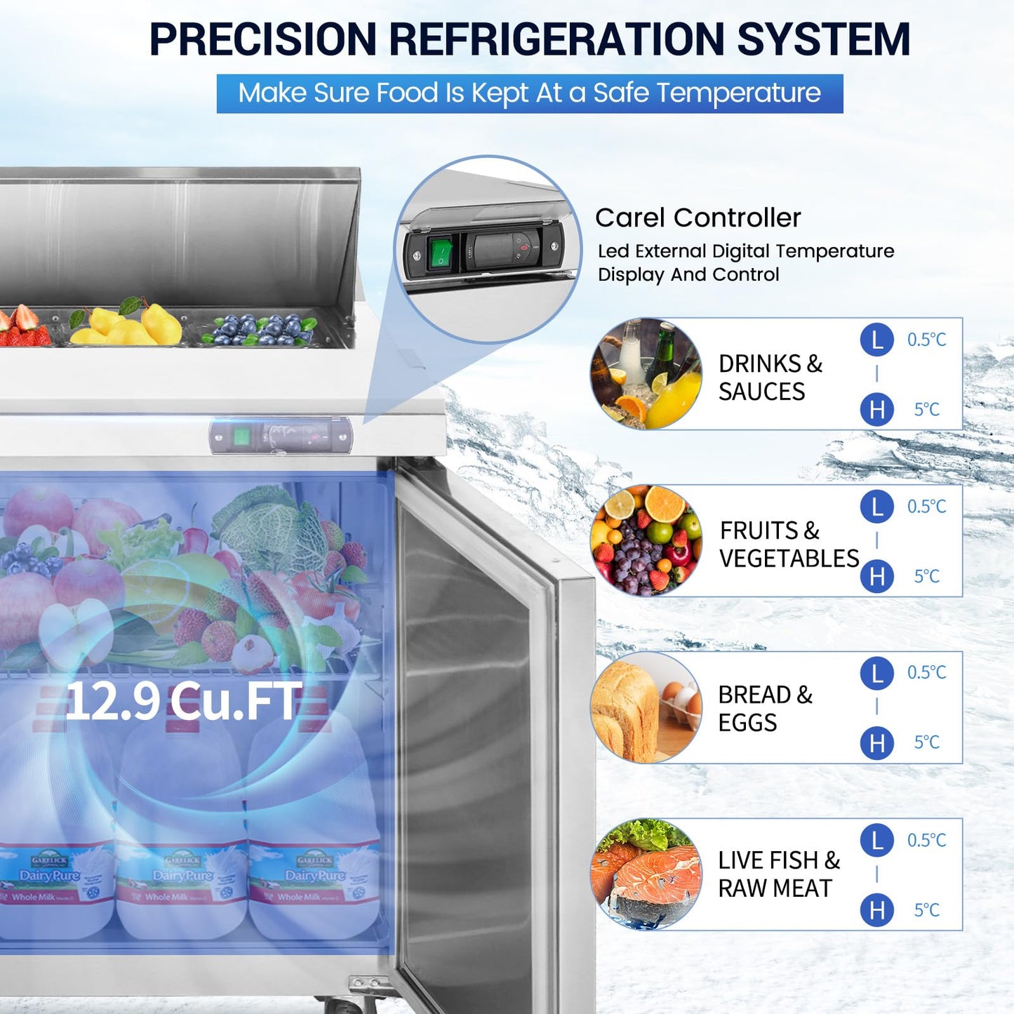 kalifon 48" W 2 Door Refrigerator Sandwich Salad Prep Table Commercial Stainless Steel Fan Cooling Refrigerator with Cutting Board, 2 Shelves & 12 Pans for Restaurant, Bar, Shop-12.9 Cu.ft