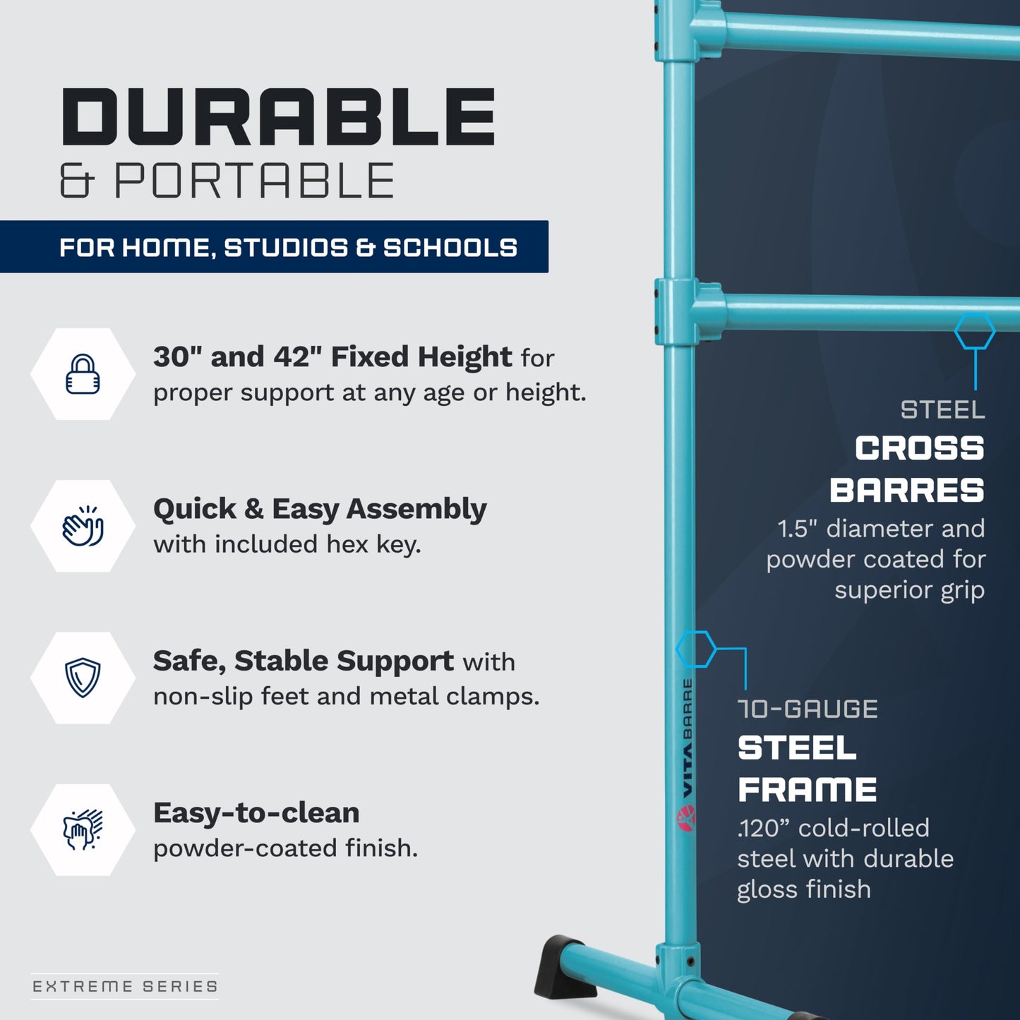 VITA Barre Portable Freestanding Double Ballet Barre, Extreme, 4 Ft Bars, Teal, Steel | Fixed Height, Made in USA, Home or Gym Exercise Equipment for Kids & Adults | Dance, Fitness, Pilates