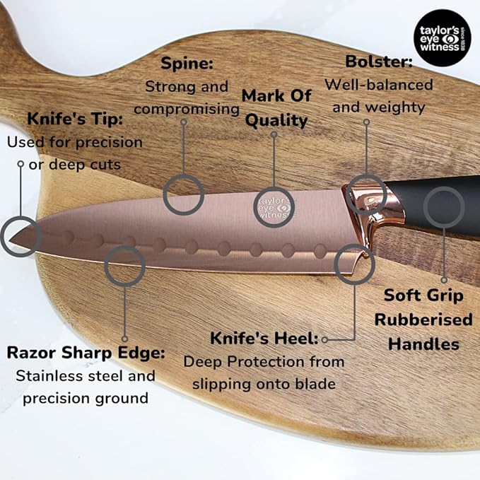 3pc Kitchen Knife Gift Set - Brooklyn by Taylors Eye Witness. Rose Gold Colored Bolsters, Matching Finely Ground Razor Sharp Titanium Coated Blades. Soft Grip Handles. 2yr Peace of Mind