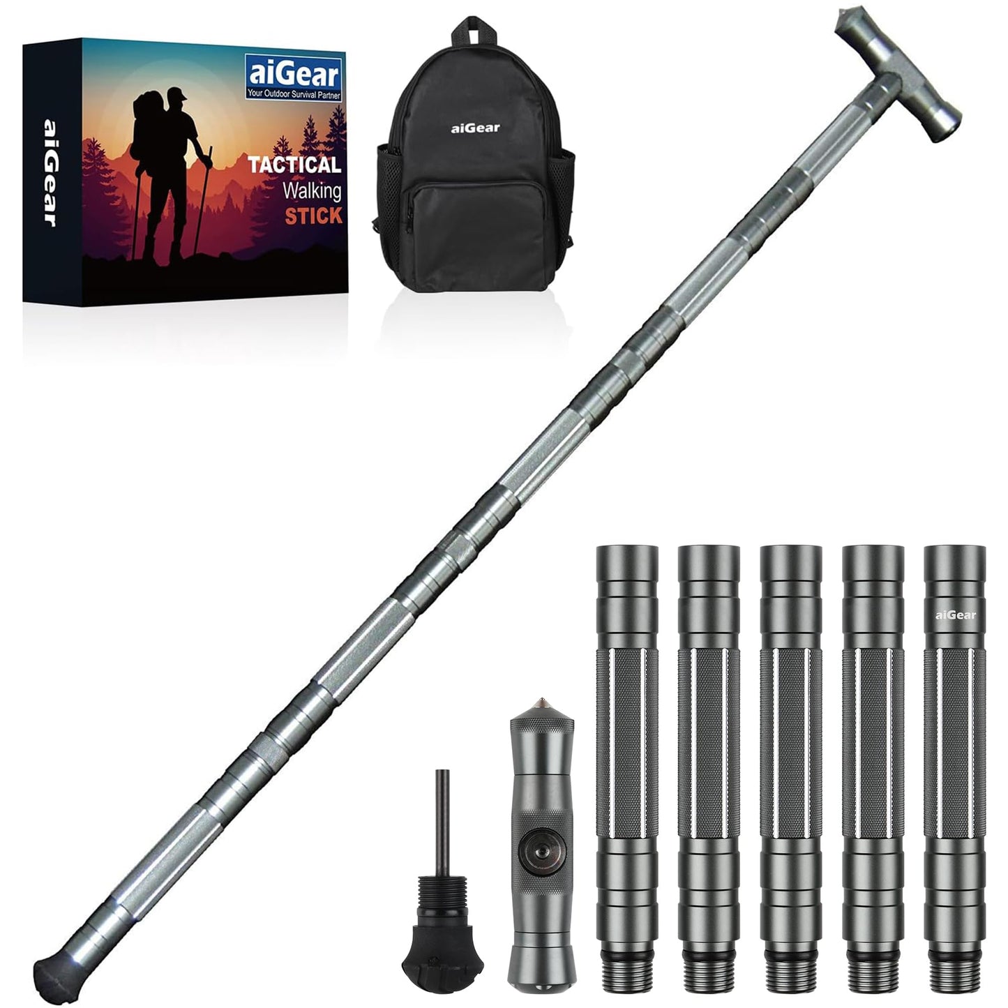 aiGear Tactical Stick Hiking Walking Staff - Trekking Poles Tactical Staff Adjustable Hiking Stick Gear for Outdoor Survival Camping Hiking