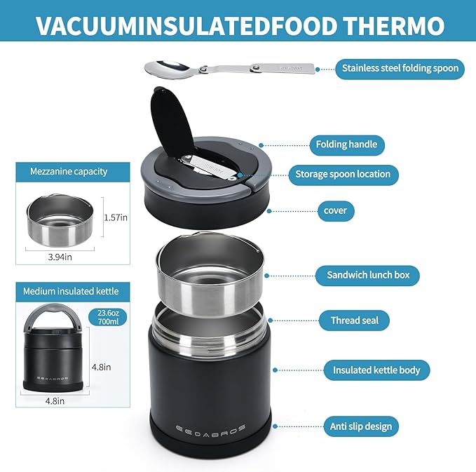 Thermo for Hot Food 23.6OZ, Vacuum Insulated Food Jar for Adults, Stainless Steel Soup Thermo Wide Mouth Leakproof Lunch Containers with Spoon for School Office