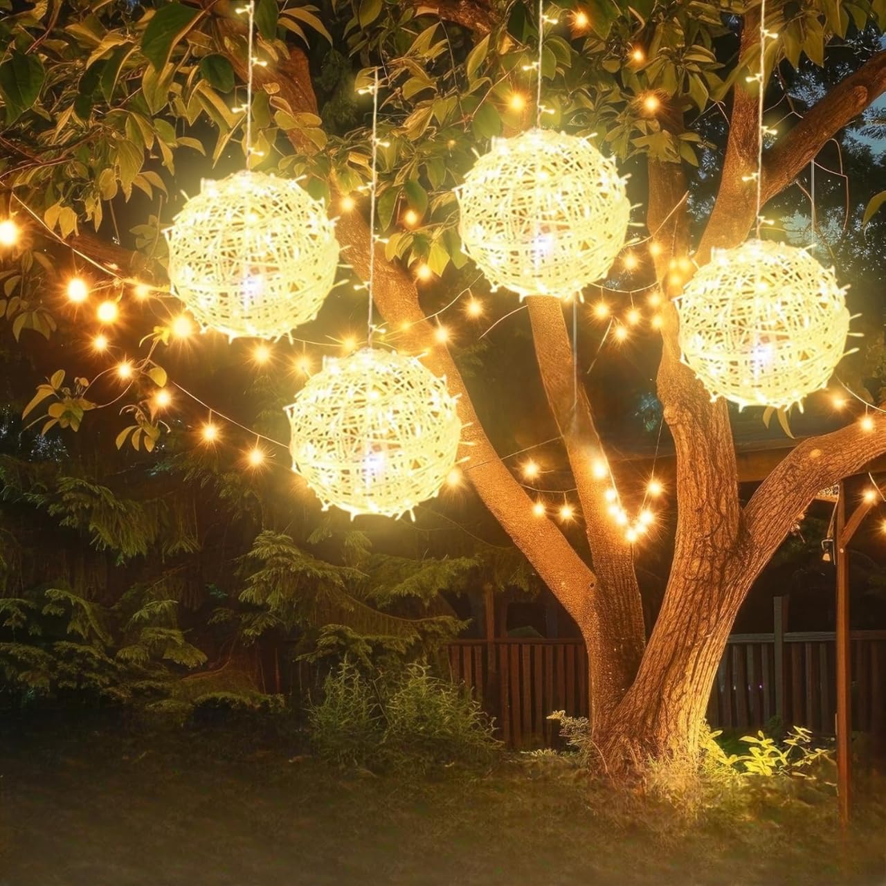 Outdoor Christmas Balls Lights 4 Pack Hanging 11.8 Led Garden Sphere Tree Lights 8 Modes Waterproof String Lights With Memory Timer Plug For Party Yard Porch Eave Patio Home Decoration-Warm White