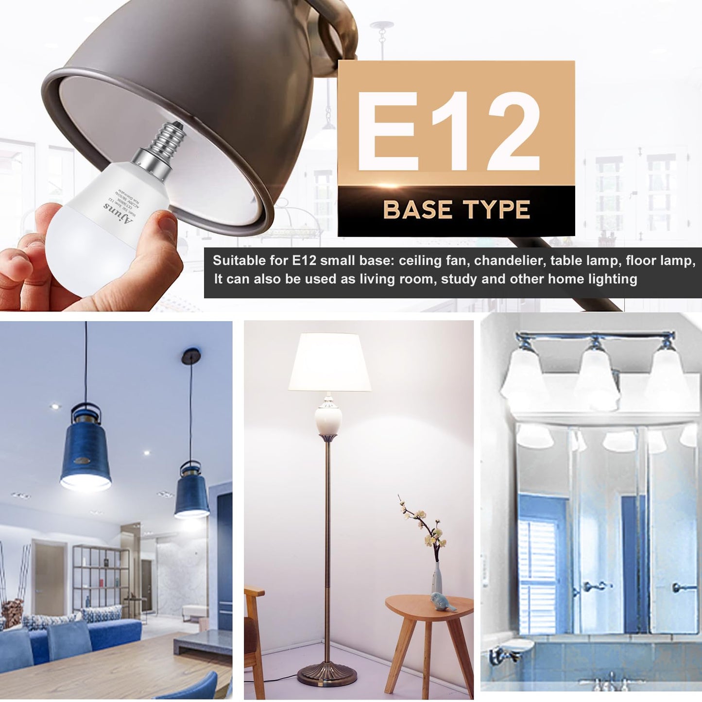 Ajuns E12 LED Bulbs, Daylight 5000K, 40W Equivalent, 450 Lumen, 6 Pack, Plastic, Non-Dimmable, A15 Model