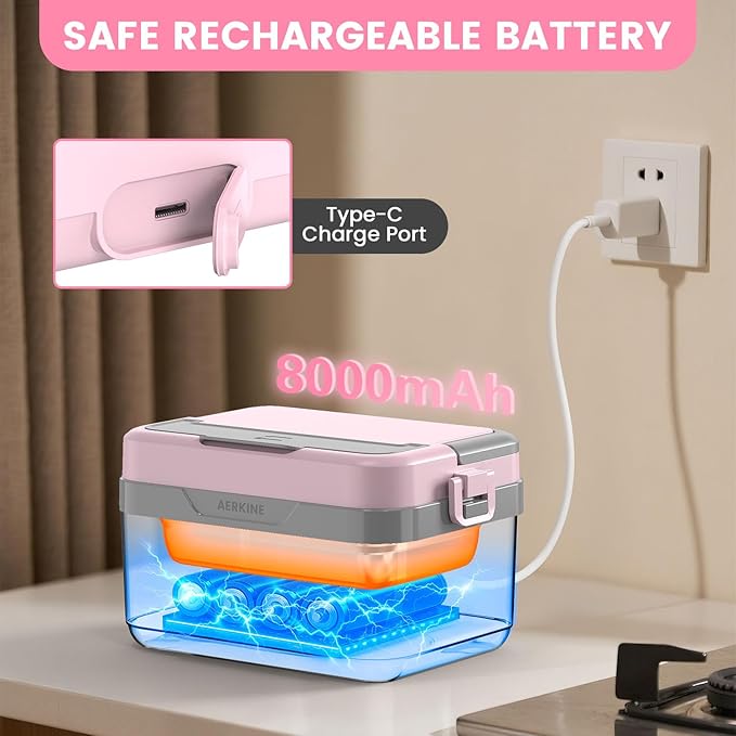 Electric Lunch Box For Adults - Rechargeable 60W Self-Heating Food Warmer with 1.0L Stainless Steel Container, Heated Lunch Box For Office, Picnic, Car & Outdoor Use (Pink)