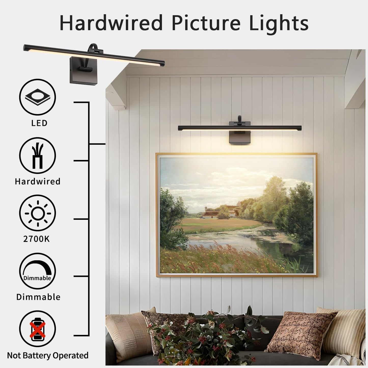 Desoop Black Picture Lights For Wall Hardwired Led Picture Lighting Dimmable Gallery Light Art Light For Wall Portrait Artwork 23.62 Inch 14W Warm White