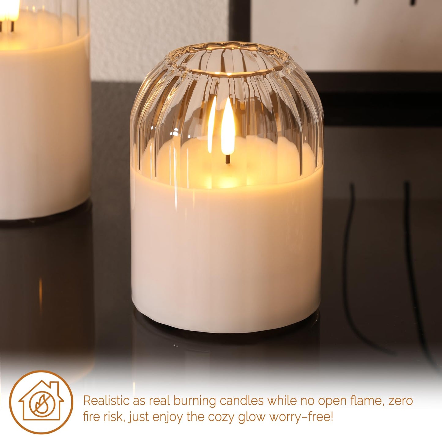 Girimax Clear Glass Flameless Candles with Remote, Real Wax Flickering Battery LED Pillar Candles Set of 3