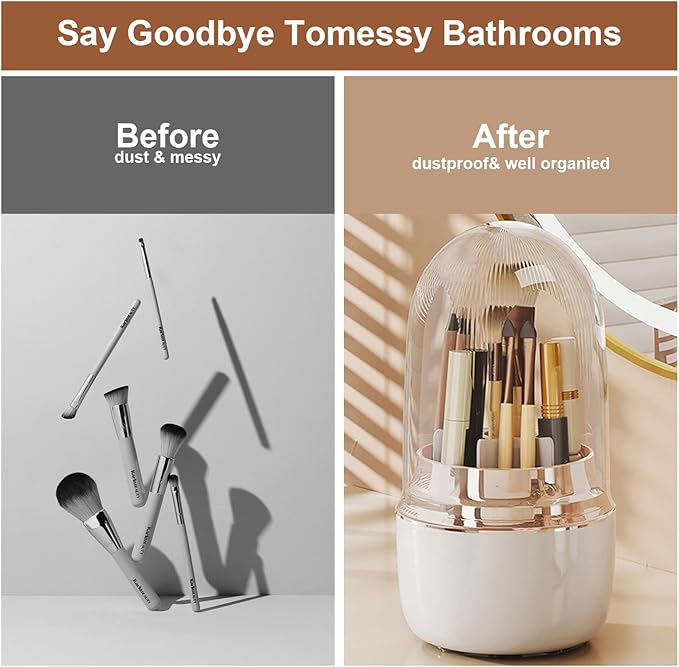 360° Rotating Toothbrush Holder with Cover, 7-Slot Bathroom Organizer for Electric Toothbrush, Toothpaste, Razors, Draining Water, Countertop Vanity Storage