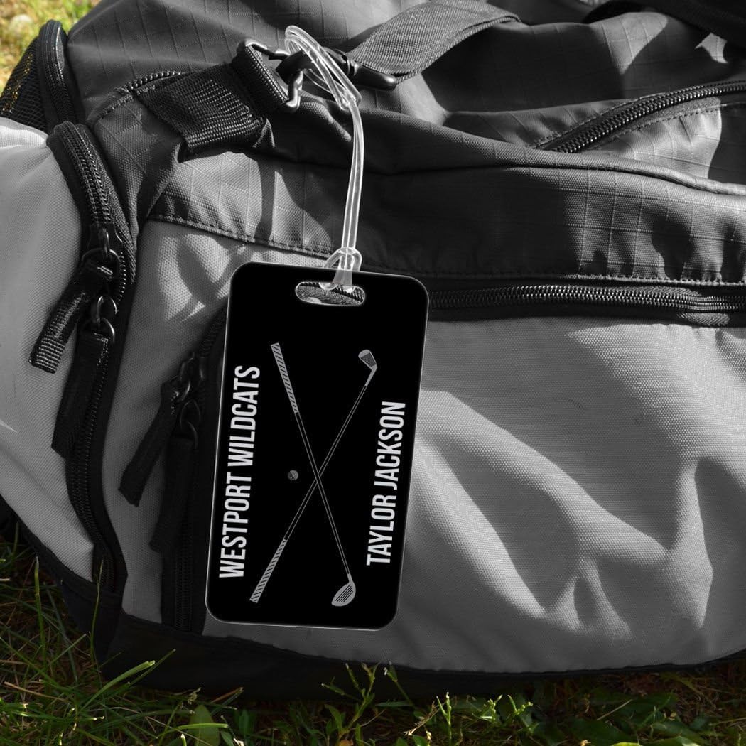 ChalkTalkSPORTS Golf Luggage & Bag Tag | Personalized Crossed Golf Clubs | Standard Lines on Back | Large | Black/Gray
