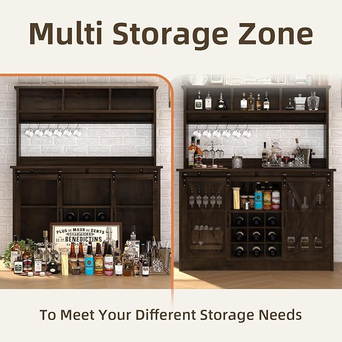 4ever2buy Farmhouse Coffee Bar Cabinet with Storage, 47” Wine Bar with Sliding Barn Doors and 3 Storage Hutch, Hutch Cabinet with 6 Hooks & 9 Wine Racks for Dining Room, Kitchen, Dark Oak