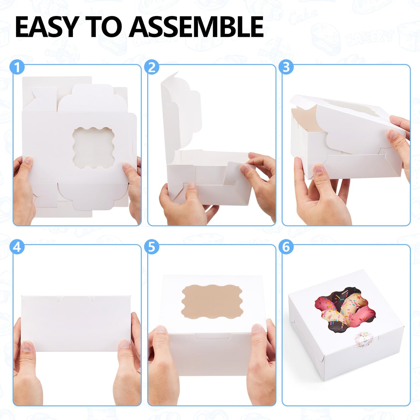 YODYZJ 20pcs White Cookie Boxes with Window, 6x6x3 inches Treat Boxes for Dessert, Strawberry, Bakery, Pastry, Candy, Truffle