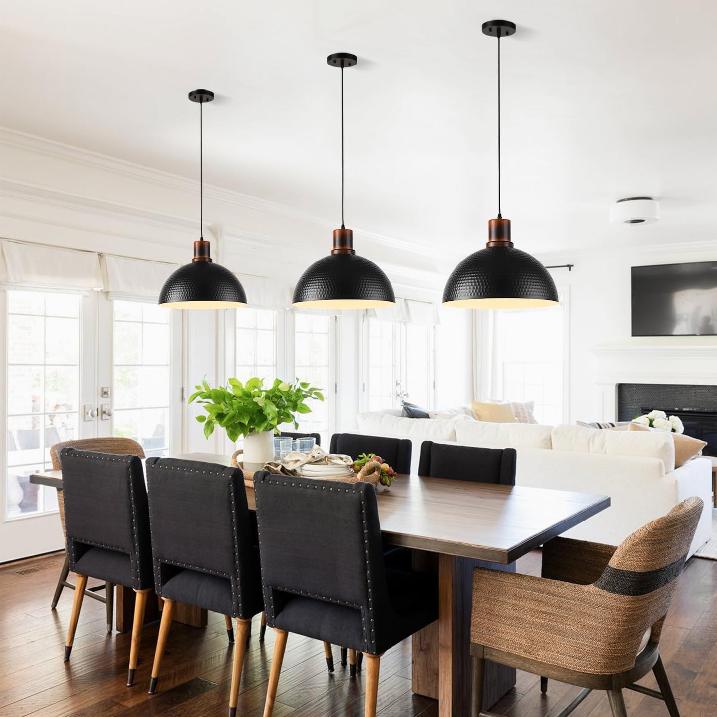 Mgcanyu 2 Pack Solid Wood Pendant Lights 16 Hammered Metal Black Finish Hanging Lighting Modern Lamp Industrial Dome Ceiling Light Fixtures For Kitchen Island Farmhouse Dining Room