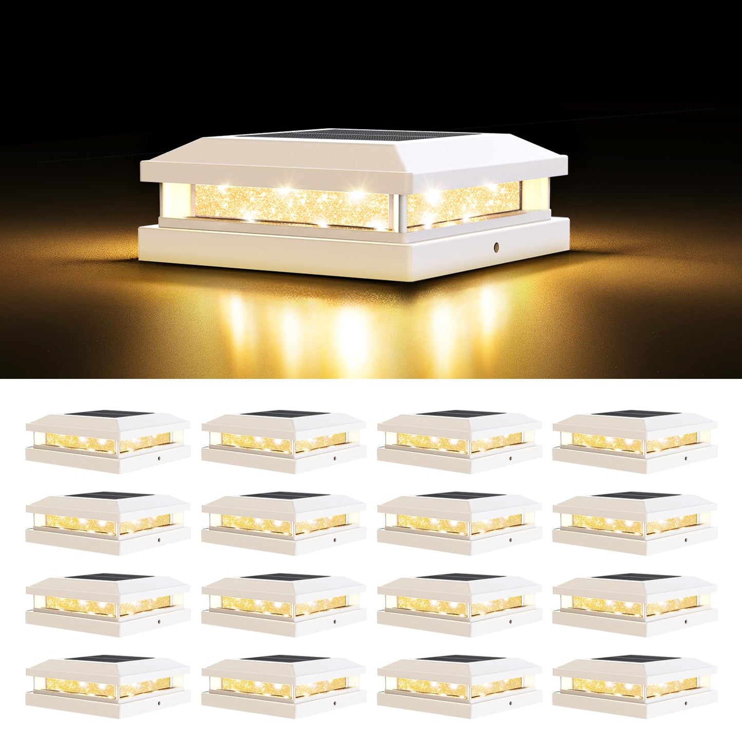 Solar Post Cap Lights Outdoor 16 Packs For 4X4 4.5X4.5 5X5 Vinyl/Wooden Posts  Waterproof Solar Powered Fence Cap Light With Warm/Cool Lighting  White 16Leds Deck Caps Lights For Yard  Garden  Patio