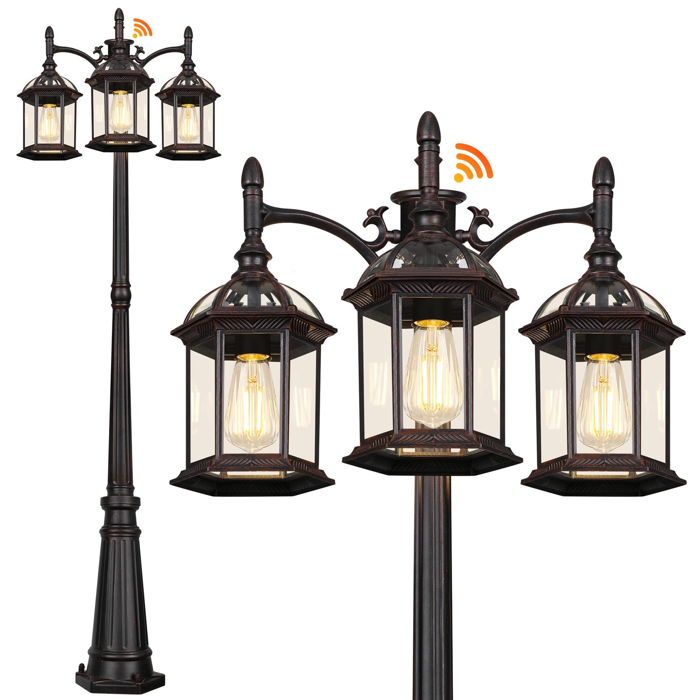 PARTPHONER Dusk to Dawn Outdoor Lamp Post Light, Triple Head Aluminum, Waterproof, Bronze, Model PA1201