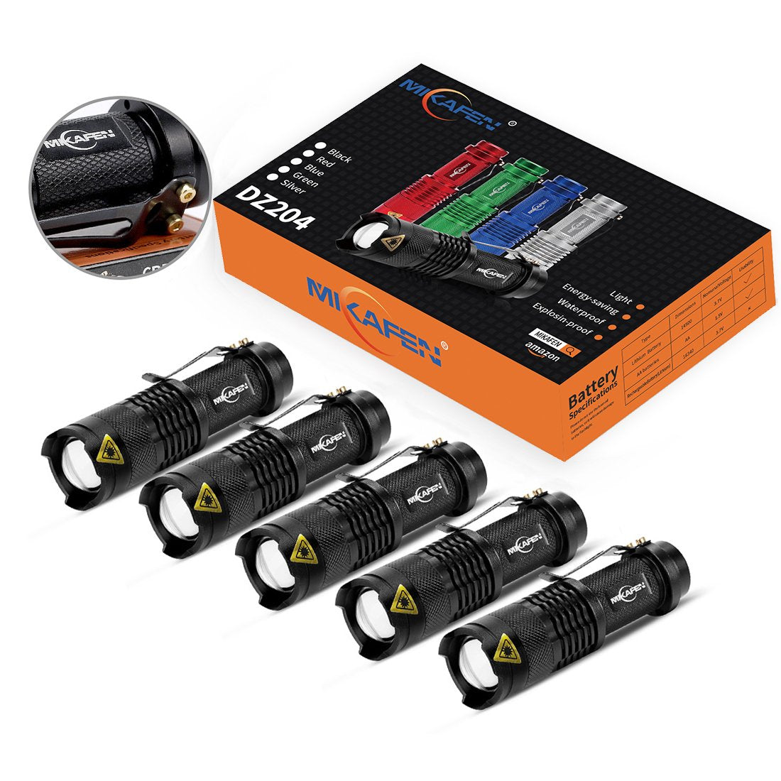 MIKAFEN 5 Pack Mini LED Flashlights 300lm Adjustable Focus Zoomable Black Aluminum Model DZ204