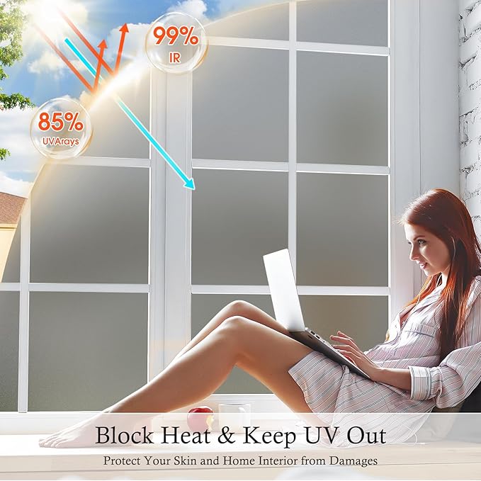 Coavas Window Privacy Film Frosted Glass Static Cling UV Sun Blocking Heat Control Window Tint Day and Night Insulation Home Bathroom Door Decorative Frosting Cover, 45.2 x 314.9 Inch, Gray