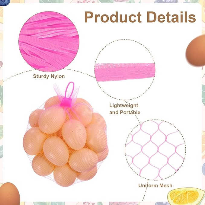 uxcell 100Pcs Reusable Produce Mesh Bags, 40cm Mesh Nylon Netting with Loop-Style Closures, Stretchable Egg Hatching Bags for Fruit Vegetable Storage, Pink