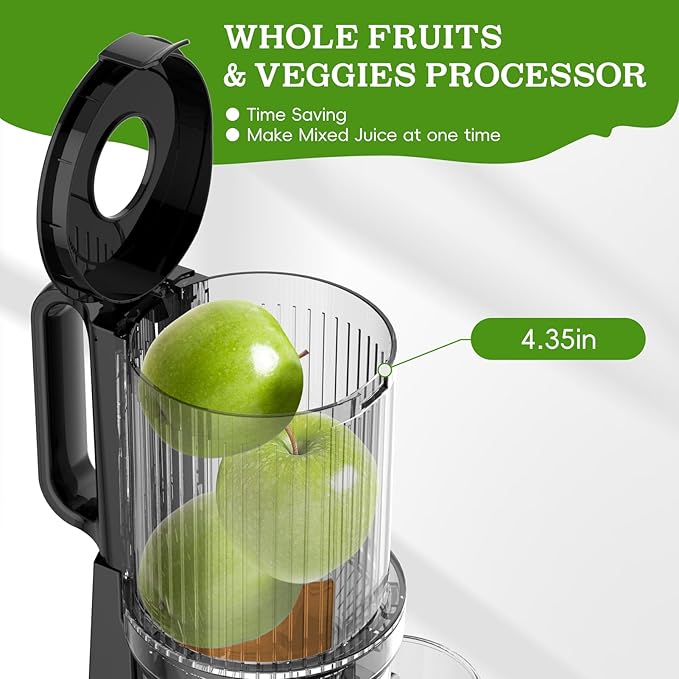 Cold Press Juicer, Juicer Machines with 4.35'' Wide Feed Chute, Stainless Steel Slow Masticating Juicers Easy to Clean, Ergonomic Operational Panel Design, High Juice Yield, Platinum Color Knob