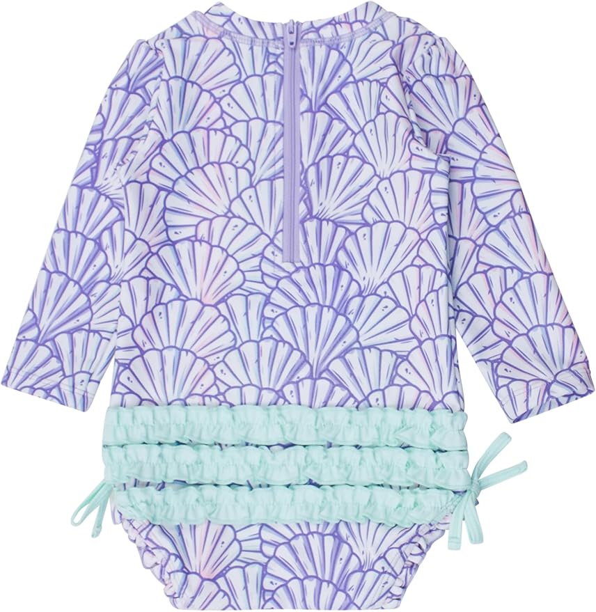 RuffleButts Baby Girls UPF 50+ Sun Protection Novelty Print Long Sleeve One Piece Rash Guard Swimsuit with Zipper