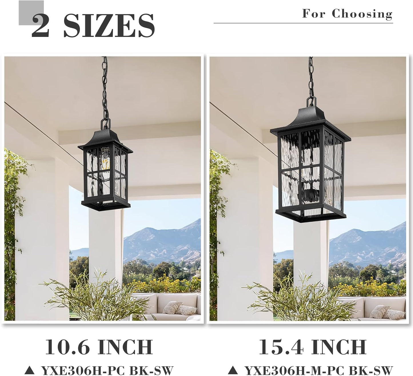 Emliviar 15.4 Inch Adjustable Exterior Lantern Hanging Light, Dusk to Dawn Sensor Hanging Lantern Light Fixture, Water Ripple Glass, 2 x E12 Bulb Base, YXE306H-M-PC BK-SW
