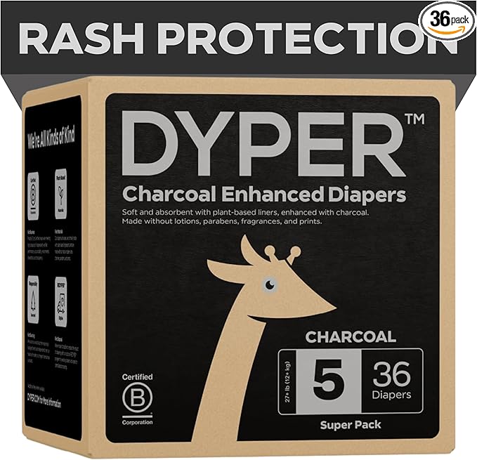 DYPER - Charcoal Enhanced Day & Overnight Disposable Baby Diapers - Made with Plant-Based* & Skin-Friendly Ingredients, Hypoallergenic for Sensitive Skin - Size 5, (36 Count)
