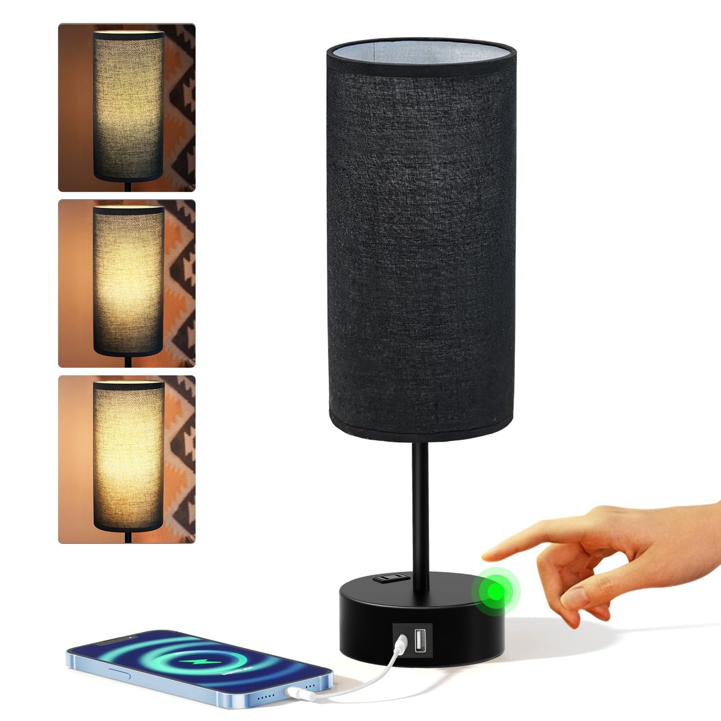 KPQ Touch Control Table Lamp with USB Ports & AC Outlet, 14in Small Size, Black Shade-Black Base, 3-Way Dimmable, Linen Fabric Shade