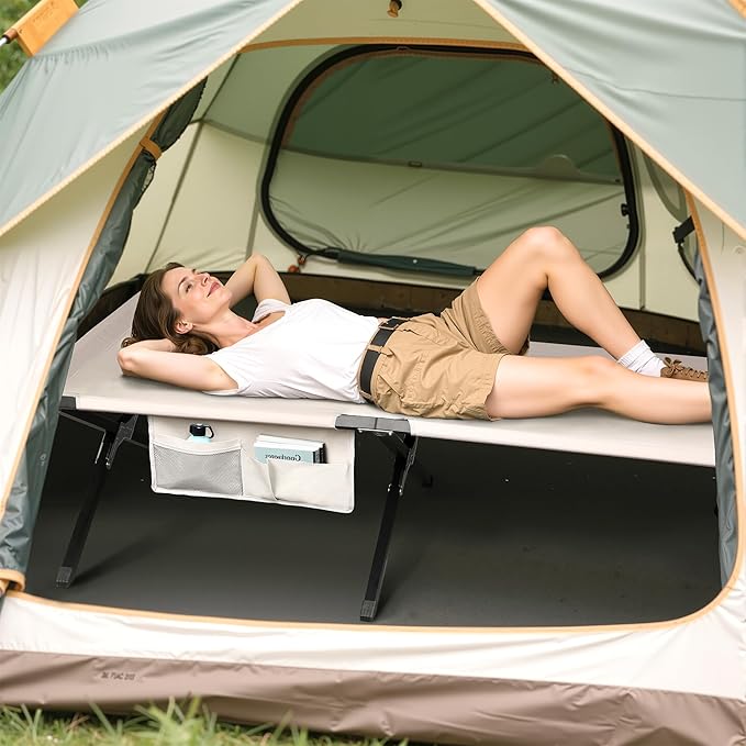 WLIVE Military Camping Cot, Portable Folding Cots for Sleeping with Carry Bag, Outdoor Camping Bed for Adults with Side Pocket, Support 300 Lbs, Silver Greige