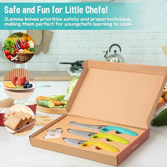 Kids Knife Set for Real Cooking with Educational Ring & Panda Finger Guard for Boys & Girls Cutting, Kids Chef Knife Stainless Steel Blade for Kitchen Cutting-Warm-toned