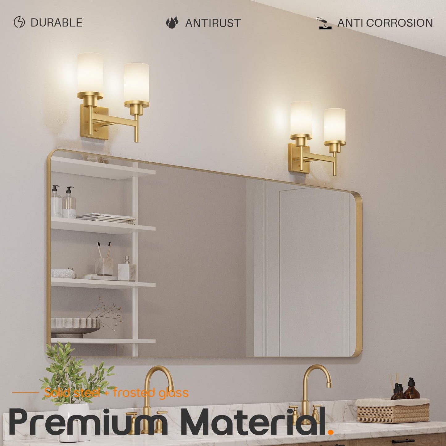 Aoneon Vanity Lighting Fixtures With White Frosted Glass Shade  Double Wall Lamps For Bathroom Mirror Bedroom Living Room Washroom Porch  Gold T001Gd-L2