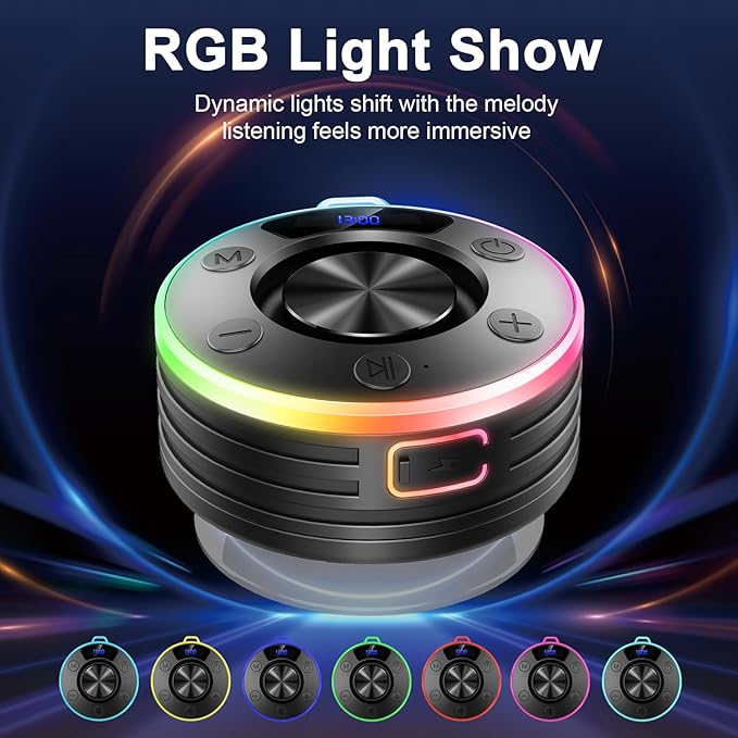 Bluetooth Speaker, Shower Speaker Portable with Hook, IPX7 Waterproof Bluetooth Speakers with Suction Cup, Digital/Time Display, Crystal Sound, Small Wireless Speakers for Outdoor Bathroom Gifts,Black