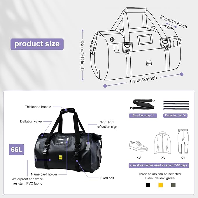 Waterproof Duffel Bag，Roll-Top Heavy Duty Dry Duffle Bag，Motorcycle Dry Bag，with Large Storage Space, Perfect for Traveling, Camping, Kayaking, Fishing & Canoeing (Carbon fiber black, 66L)